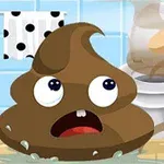 Animație cu un emoji de fecale cu expresie surprinsă într-o baie, lângă o toaletă, cu un deget care arată spre el