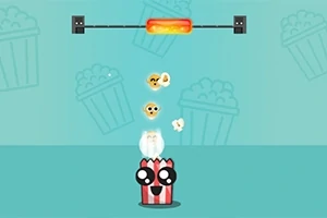 Cutie de popcorn fericită pe un fundal albastru, cu boabe de porumb sărind spre o sursă de căldură