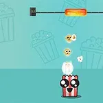 Cutie de popcorn fericită pe un fundal albastru, cu boabe de porumb sărind spre o sursă de căldură