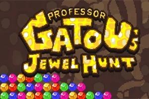 Textul galben Professor Gatous Jewel Hunt pe un fundal maro, deasupra unei colecții de bijuterii colorate