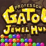 Textul galben Professor Gatous Jewel Hunt pe un fundal maro, deasupra unei colecții de bijuterii colorate