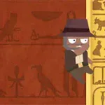 Un personaj animat cu pălărie stă agățat de un perete cu hieroglife pe un fundal maro cu desene antice