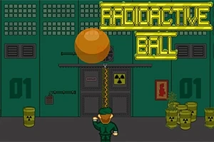 Imaginea arată o minge portocalie suspendată într-un mediu industrial, cu fundal verde, butoaie radioactive și un simbol radioactiv, având textul Radioactive Ball