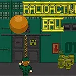 Imaginea arată o minge portocalie suspendată într-un mediu industrial, cu fundal verde, butoaie radioactive și un simbol radioactiv, având textul Radioactive Ball