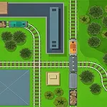 Ilustrație cu o vedere de sus a unei rețele de șine de tren, drumuri și vegetație pe un fundal verde
