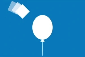 Un balon alb suspendat pe un fundal albastru, cu trei pătrate translucide în colțul stânga sus