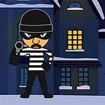 Un personaj animat îmbrăcat în alb și negru stă în fața unei clădiri întunecate cu ferestre iluminate, ținând un pistol jucărie