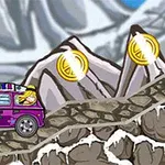 O furgonetă violet cu flori colorate urcă un drum stâncos de munte, în fața a două monede aurii strălucitoare