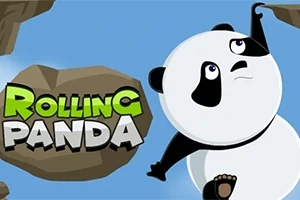 Un panda desenat agățându-se de o stâncă, cu textul ROLLING PANDA pe fundal albastru