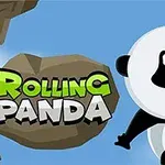 Un panda desenat agățându-se de o stâncă, cu textul ROLLING PANDA pe fundal albastru