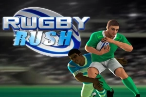 Un jucător de rugby îmbrăcat în verde este urmărit de un alt jucător de rugby îmbrăcat în albastru, pe un teren, alături de textul RUGBY RUSH în partea stângă