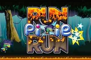 Personaj de desene animate alergând printr-o pădure, cu textul Run Pixie Run în prim-plan