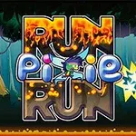 Personaj de desene animate alergând printr-o pădure, cu textul Run Pixie Run în prim-plan
