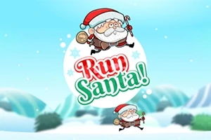 Moș Crăciun desenat în stil animat, alergând pe un fundal de iarnă cu textul „Run Santa!