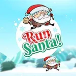 Moș Crăciun desenat în stil animat, alergând pe un fundal de iarnă cu textul „Run Santa!