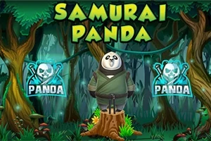 Un urs panda îmbrăcat ca un samurai stă pe un ciot de copac într-o pădure animată, cu inscripția SAMURAI PANDA deasupra