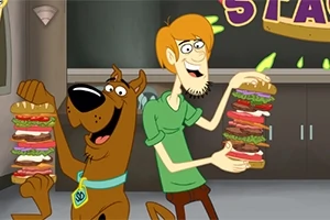 Două personaje animate țin în mână sandwich-uri mari, stratificate, zâmbind larg