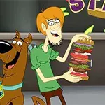 Două personaje animate țin în mână sandwich-uri mari, stratificate, zâmbind larg