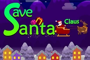 Textul Save Santa Claus este afișat pe un fundal de noapte cu case, copaci acoperiți de zăpadă și Moș Crăciun în sanie trasă de un ren
