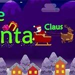 Textul Save Santa Claus este afișat pe un fundal de noapte cu case, copaci acoperiți de zăpadă și Moș Crăciun în sanie trasă de un ren