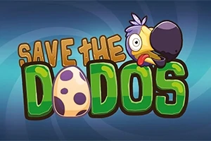 Textul Save the Dodos cu un desen animat al unui dodo și un ou cu pete mov pe fundal albastru