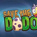 Textul Save the Dodos cu un desen animat al unui dodo și un ou cu pete mov pe fundal albastru