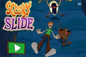 Personaje animate surprinse într-o cădere liberă, cu un câine maro speriat și un semn de play verde în colțul stânga jos, pe un fundal de culoare albastră
