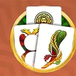 Trei cărți cu designuri distincte, incluzând simboluri colorate și detalii artistice complexe, așezate pe un fundal maro cu model geometric