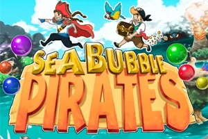 Doi pirați aleargă cu un papagal deasupra unui banner pe care scrie Sea Bubble Pirates, cu baloane colorate în fundal