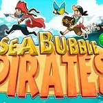 Doi pirați aleargă cu un papagal deasupra unui banner pe care scrie Sea Bubble Pirates, cu baloane colorate în fundal
