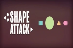 Text alb SHAPE ATTACK pe un fundal maro, însoțit de diverse forme geometrice colorate: pătrat albastru, cerc verde, triunghi portocaliu și hexagon roz