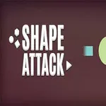 Text alb SHAPE ATTACK pe un fundal maro, însoțit de diverse forme geometrice colorate: pătrat albastru, cerc verde, triunghi portocaliu și hexagon roz