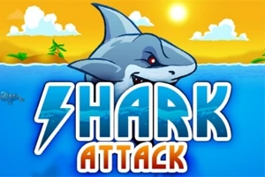 Rechin animat care iese din apă sub un cer albastru senin, însoțit de textul Shark Attack