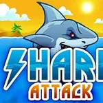 Rechin animat care iese din apă sub un cer albastru senin, însoțit de textul Shark Attack