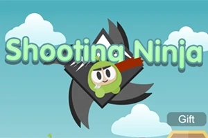 Un personaj ninja desenat animat, îmbrăcat în verde, cu o mască roșie, este plasat pe un fundal albastru deschis cu nori, având textul „Shooting Ninja” deasupra
