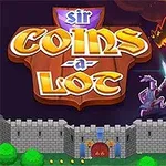 Un cavaler cu o sabie luminoasă se luptă cu un dragon zburător deasupra unui castel medieval, cu titlul Sir Coins A Lot afișat deasupra