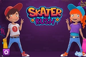 Două personaje animate, un băiat și o fată, stau cu skateboard-uri colorate și fac semnul păcii pe un fundal mov cu textul Skater Rush