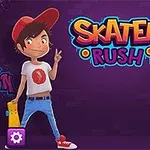 Două personaje animate, un băiat și o fată, stau cu skateboard-uri colorate și fac semnul păcii pe un fundal mov cu textul Skater Rush