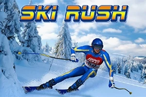 Un schior în costum albastru coboară pe o pantă de zăpadă printre copaci, cu cer albastru în fundal, iar deasupra apare textul SKI RUSH