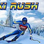 Un schior în costum albastru coboară pe o pantă de zăpadă printre copaci, cu cer albastru în fundal, iar deasupra apare textul SKI RUSH