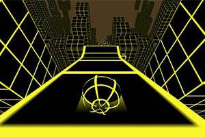 Grafică futuristă cu o minge într-un tunel luminat de linii galbene strălucitoare și elemente geometrice tridimensionale