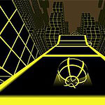 Grafică futuristă cu o minge într-un tunel luminat de linii galbene strălucitoare și elemente geometrice tridimensionale