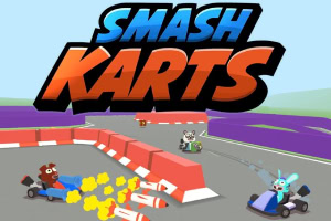 Personaje animate conducând karturi pe o pistă cu obstacole, cu rachete zburând în fundal și titlul SMASH KARTS deasupra