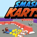 Personaje animate conducând karturi pe o pistă cu obstacole, cu rachete zburând în fundal și titlul SMASH KARTS deasupra