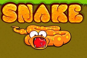 Un șarpe portocaliu stilizat cu ochi mari și gura deschisă sub cuvântul SNAKE scris în litere mari și colorate