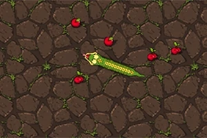 Un șarpe verde pixelat se strecoară printre câteva mere roșii pe un fundal de piatră