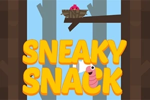 Textul Sneaky Snack cu un decor de pădure în fundal și un pui de pasăre într-un cuib