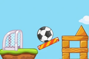 Minge de fotbal suspendată între poartă și structuri de lemn, pe un fundal albastru
