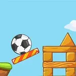 Minge de fotbal suspendată între poartă și structuri de lemn, pe un fundal albastru