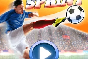 Fotbalist în tricou albastru dând o lovitură mingii, cu un buton de redare în prim-plan și text SPRINT deasupra